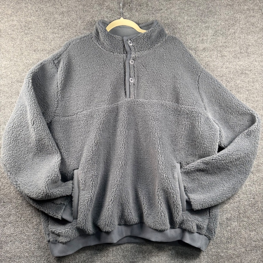 Grays Peak Outdoors Mens XXL Gray Sherpa Borg‎ Fleece Pullover Button Mock Neck